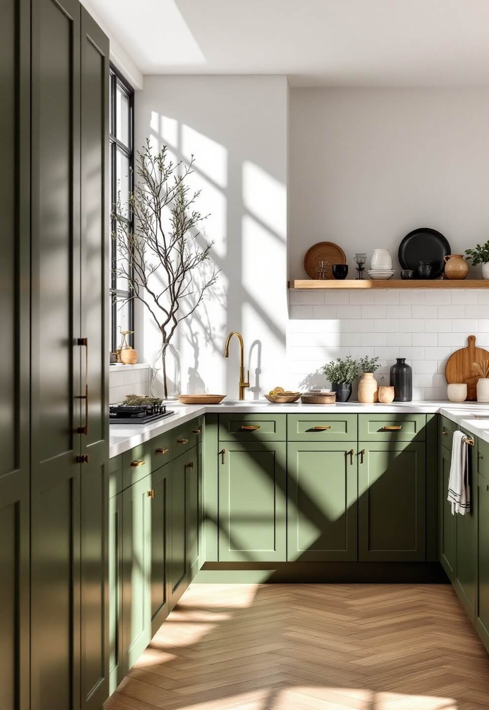 Modern European kitchen with olive green cabinets, brass hardware, white oak herringbone flooring, and minimal decor, illuminated by afternoon sunlight through steel windows.