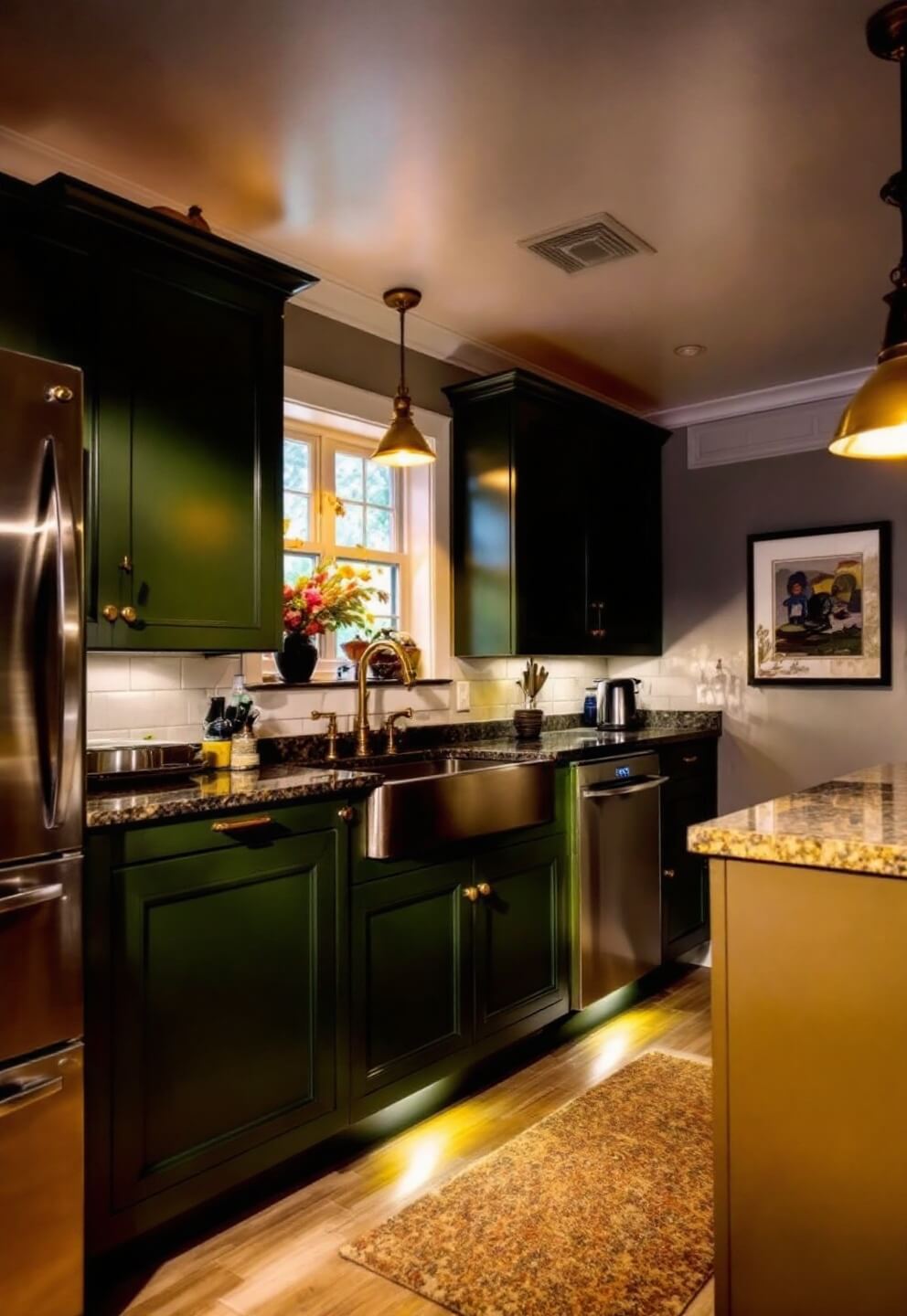 Low angle view of a compact 9x11ft kitchen featuring forest green cabinets, leathered granite counters, antique brass hardware, under-cabinet lighting and vintage art pieces.