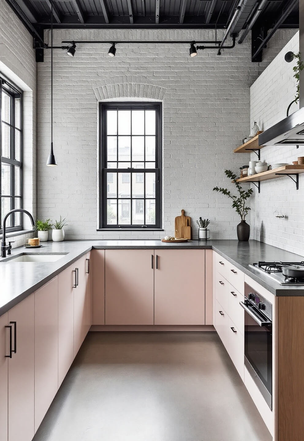 Scandinavian-inspired kitchen with pale pink cabinets, light wood accents, white brick walls, industrial black fixtures, concrete countertops, and early morning light streaming through steel-framed windows