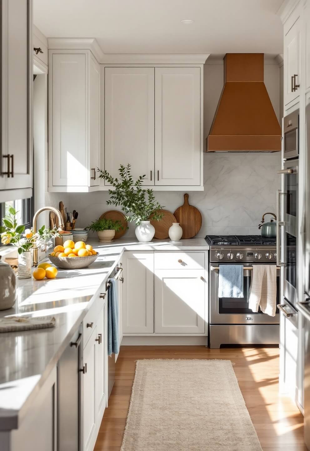 Bright, spacious 15x18ft kitchen with winter white cabinets, Calacatta marble counters, and classic pottery decor, bathed in natural light from south-facing exposure.