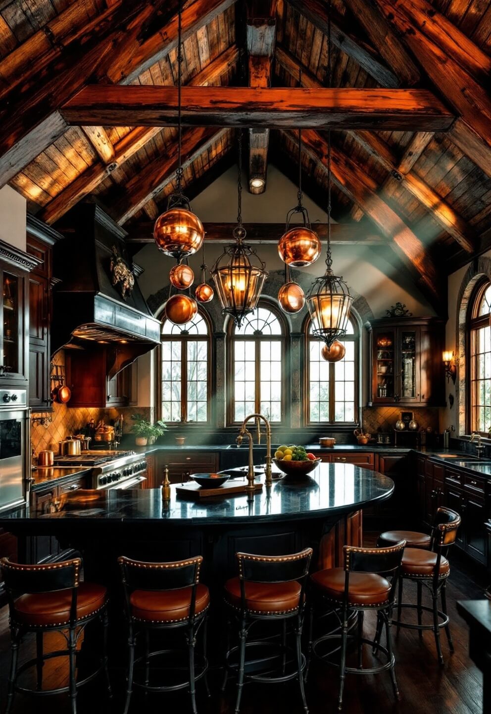 Gothic-style spacious kitchen with vaulted ceilings, weathered wooden beams, mahogany cabinets with skull-shaped handles, black marble island illuminated by wrought iron chandeliers, leather-backed barstools and copper cookware, highlighted by sun streaming through arched windows.