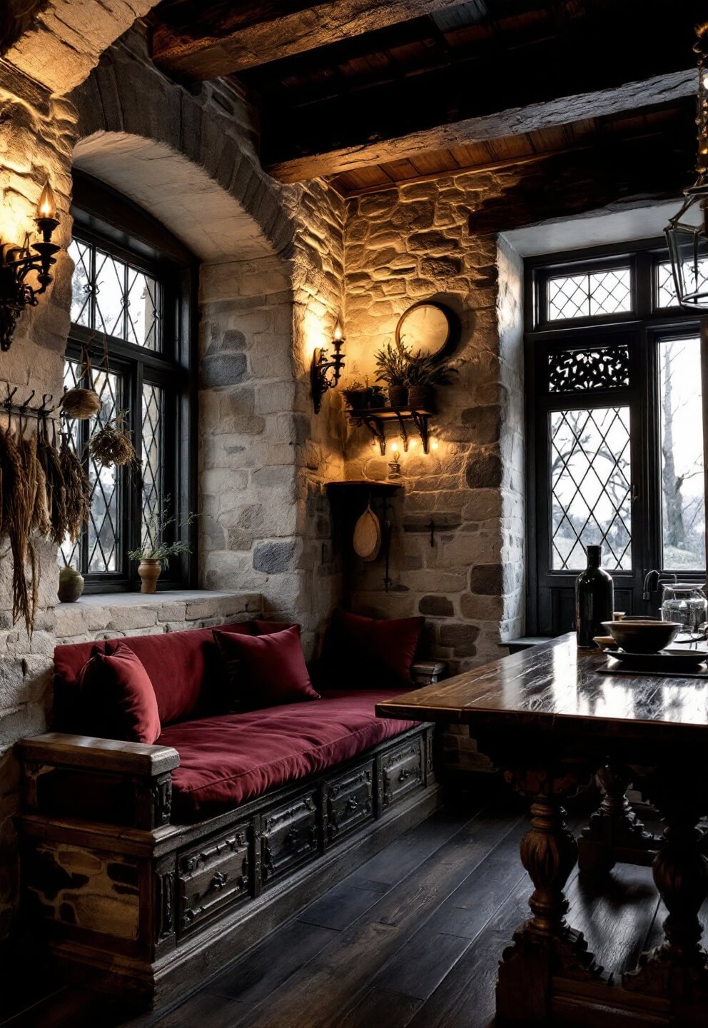 Gothic-inspired kitchen at dusk with stone walls, wooden ceiling beams, wall sconces, burgundy velvet-covered bench, ornate wooden table, and dried herbs hanging from iron hooks, viewed from eye level highlighting its variety of textures.