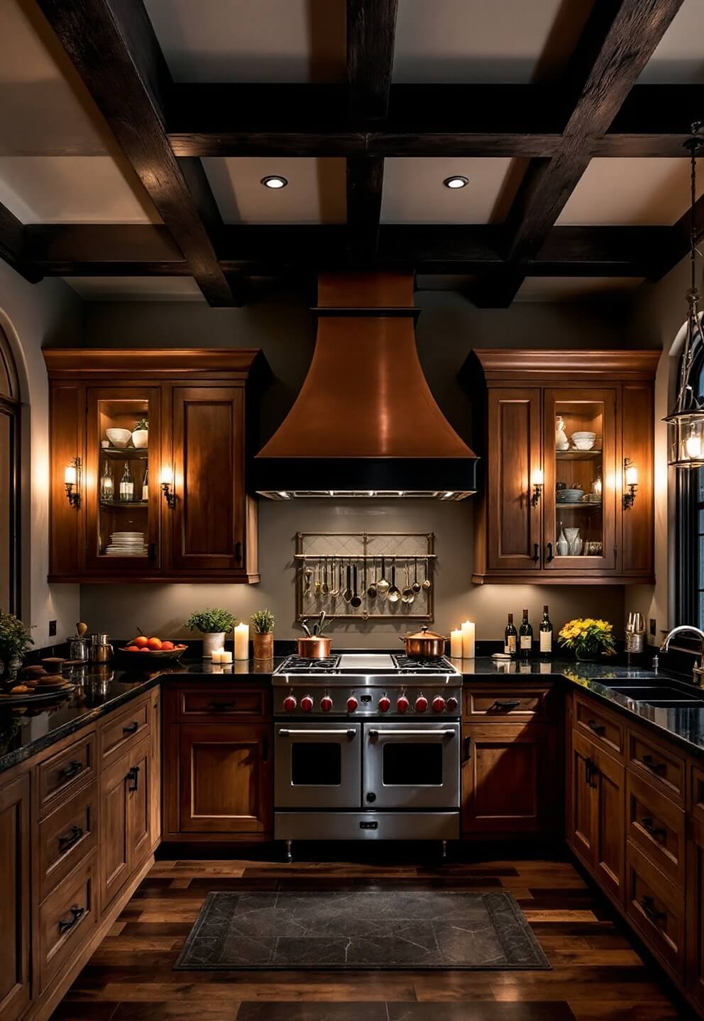 Gothic-style kitchen at midnight with candlelight and LED under-cabinet lighting reflecting off black marble countertops, antique wooden cabinets with wrought iron detailing reach towards the high ceiling with exposed black beams, shot from the dining area view.