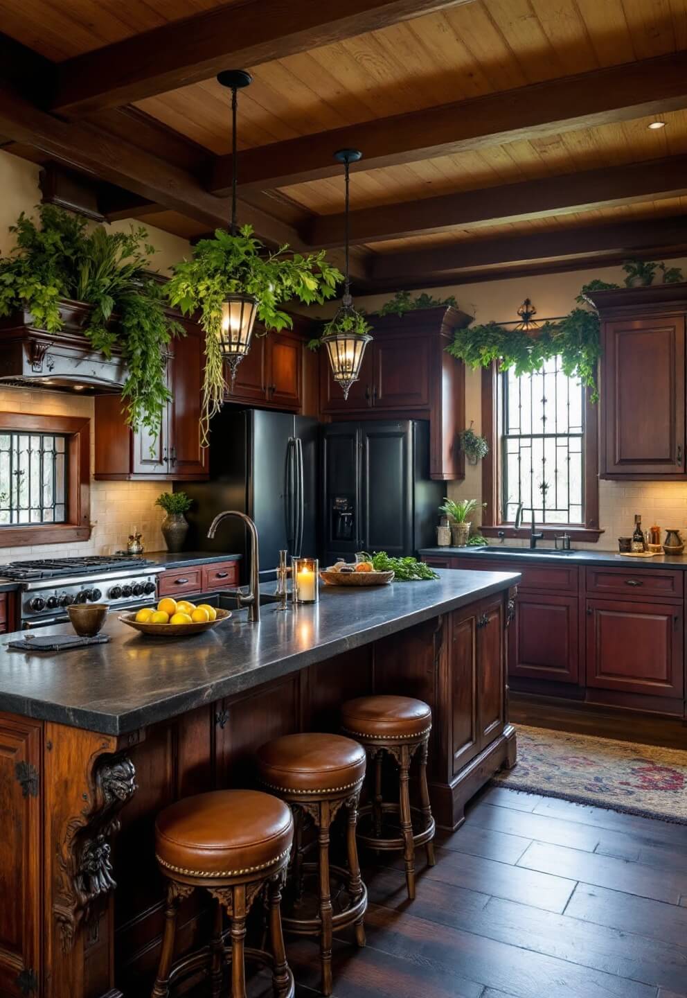 Western Gothic style kitchen with iron-framed windows, distressed wooden island with leather bar stools, gargoyle door knockers, dried herbs, and mahogany cabinetry with matte black appliances, captured from a high corner angle.