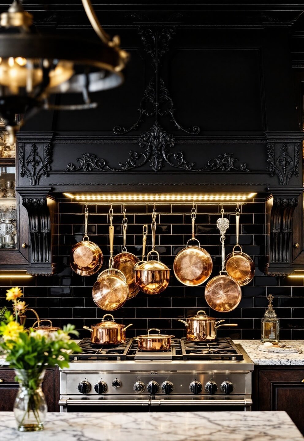 Gothic-inspired kitchen at twilight featuring copper pots, black subway tiles, a grand wrought iron pot rack, dark wooden cabinets, and vintage cooking implements on floating shelves