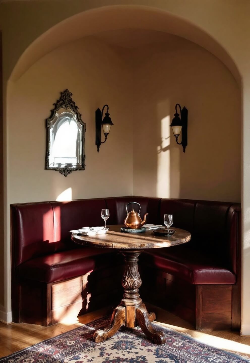 Early morning view of a Western Gothic kitchen corner breakfast nook with built-in burgundy leather bench, weathered wooden table, wrought iron sconces, a distressed mirror, and a sunlit copper kettle.