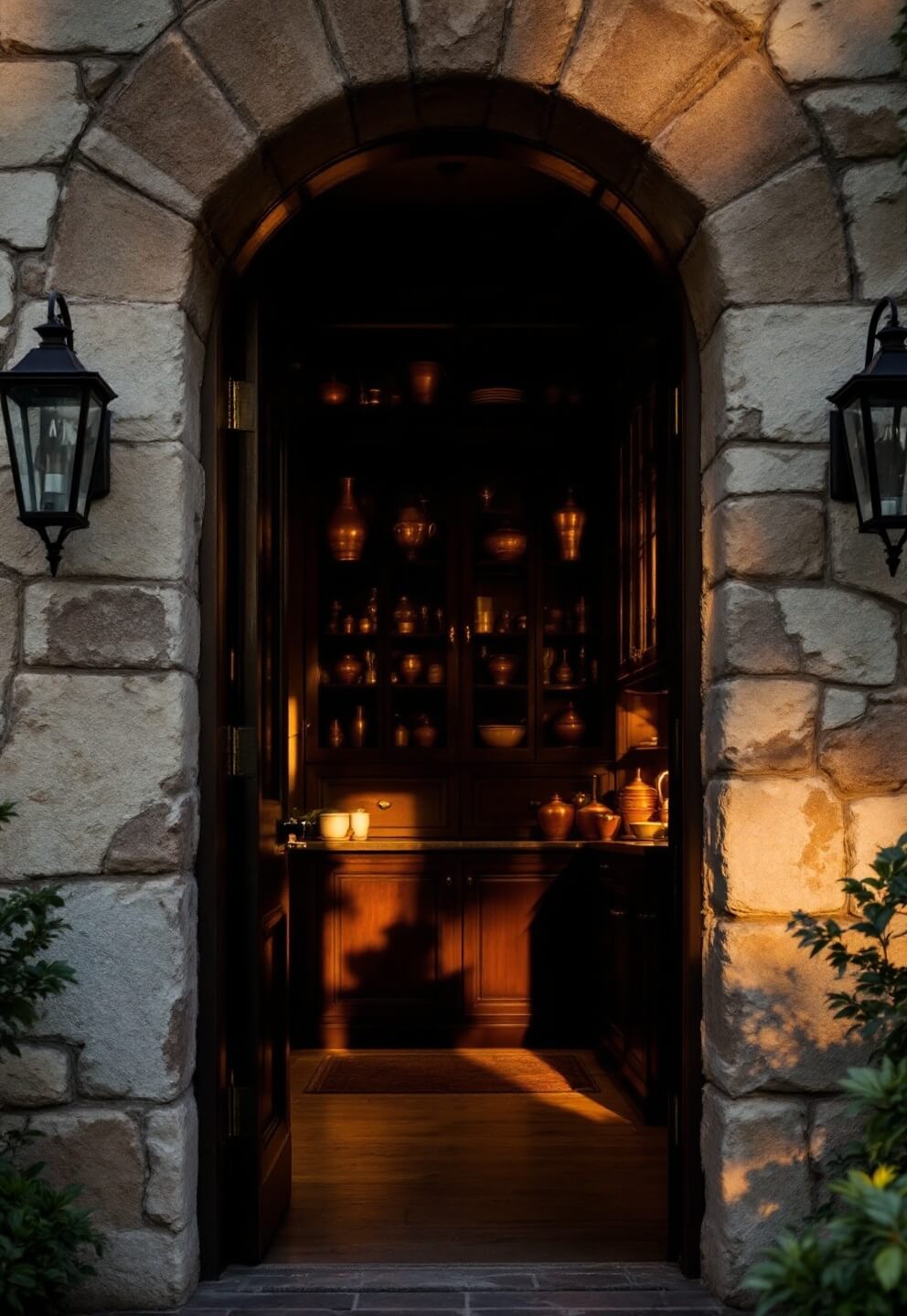 Gothic-style butler's pantry entrance at sunset, featuring stone-framed arched doorway, mahogany cabinets, iron lanterns, and vintage copper vessels in glass-fronted cabinets