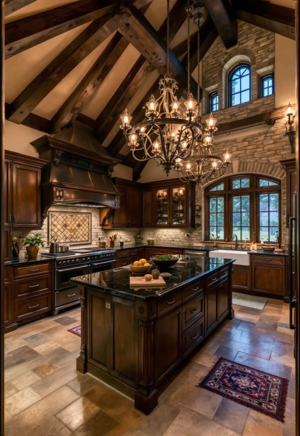 Twilight view of a Western Gothic style kitchen with vaulted ceiling, wrought iron chandeliers, stone walls, dark wood cabinetry, and black marble surfaces.