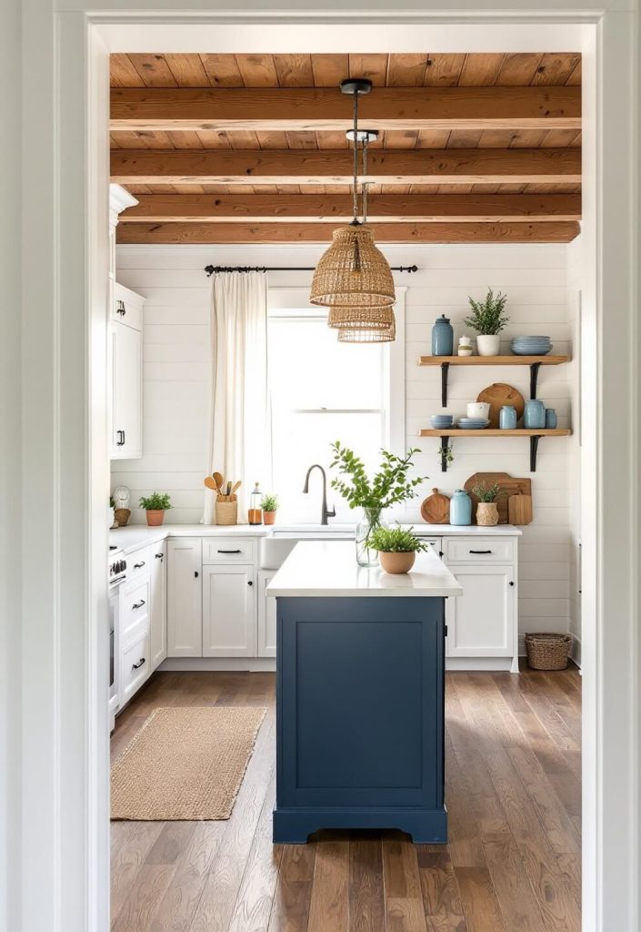 "Sunny coastal farmhouse kitchen with white cabinets, navy blue island, woven rattan pendants, oak floors, open shelving, and natural textures"