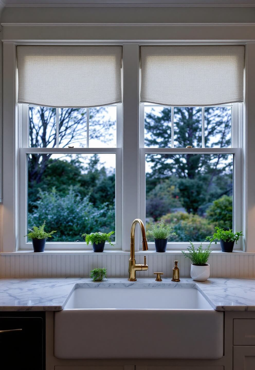 Kitchen with atmospheric dusk light filtering through cream linen-dressed windows, white fireclay farmhouse sink framed by marble countertops, brass bridge faucet, and potted herbs on windowsill.