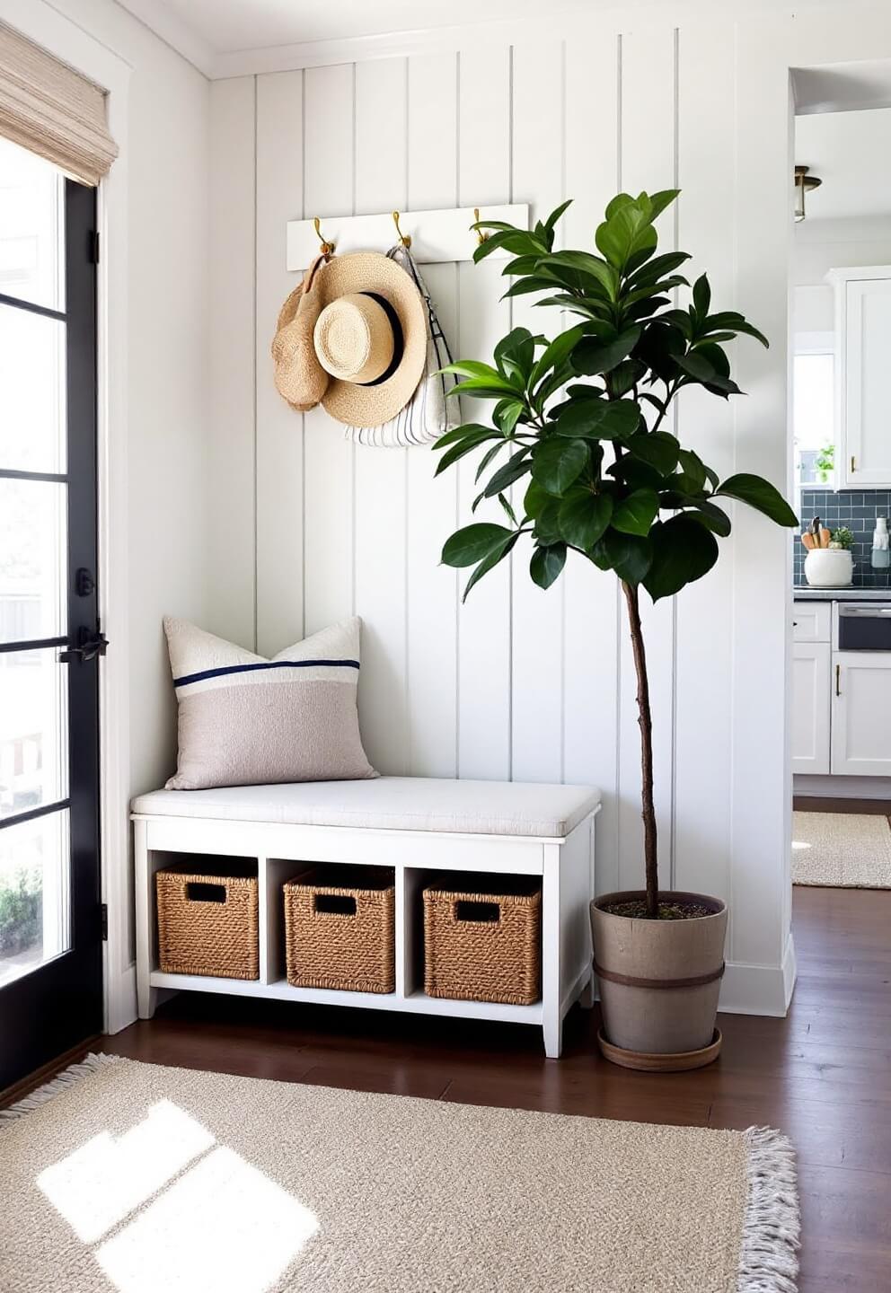 Three-quarter view of a welcoming kitchen entrance featuring a distressed white storage bench with woven baskets underneath, brass hooks displaying market bags and sun hats against vertical shiplap, a natural fiber runner leading into the kitchen, a potted fiddle leaf fig, and morning light streaming from a window