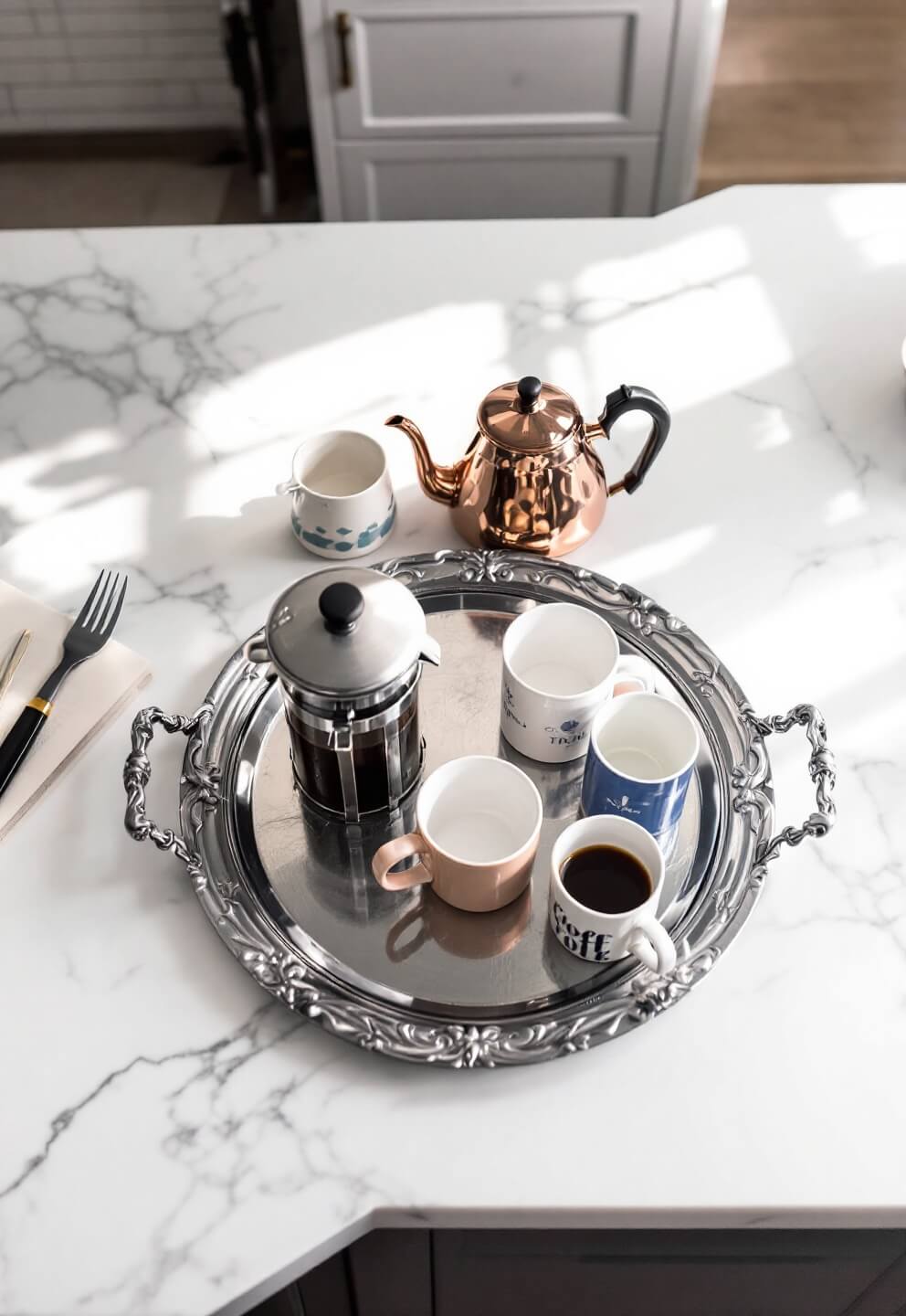 Overhead view of a neatly arranged kitchen coffee station at dawn with French press, ceramic mugs, small milk pitcher on a vintage silver tray, and a copper kettle on white quartz countertop against a white subway tile backsplash.