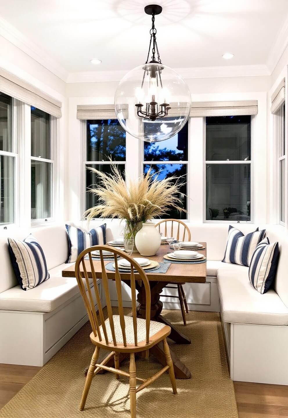 Twilight scene of a white linen kitchen dining nook with built-in banquette, weathered oak table, Windsor chairs, bench seating, glass pendant lighting, wall of windows, and blue-striped cushions, featuring coastal aesthetics.