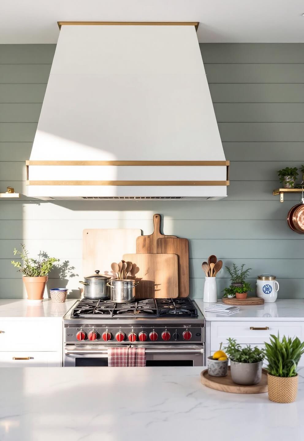 Custom white matte range hood with brass strapping, white quartz counters displaying kitchen essentials and copper cookware on brass pot rail, all in morning light.