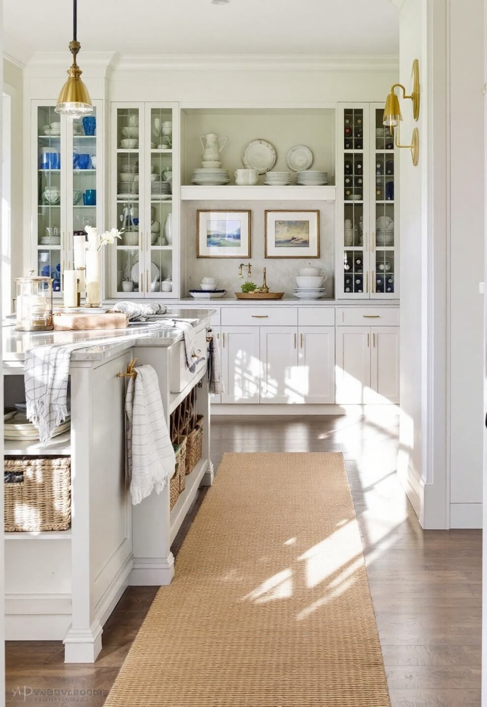 Butler's pantry with white cabinetry, glass fronts, honed marble counter, built-in wine rack, woven basket storage, and brass library sconces