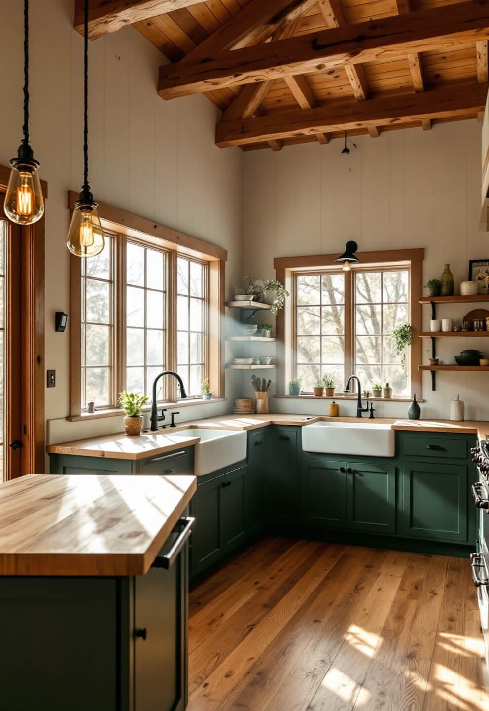 Sunlit rustic cabin kitchen with vaulted pine beam ceiling, butcher block island, and green shaker cabinets, illuminated by morning light and Edison bulb pendants, with a view of the morning mist through mullioned windows.