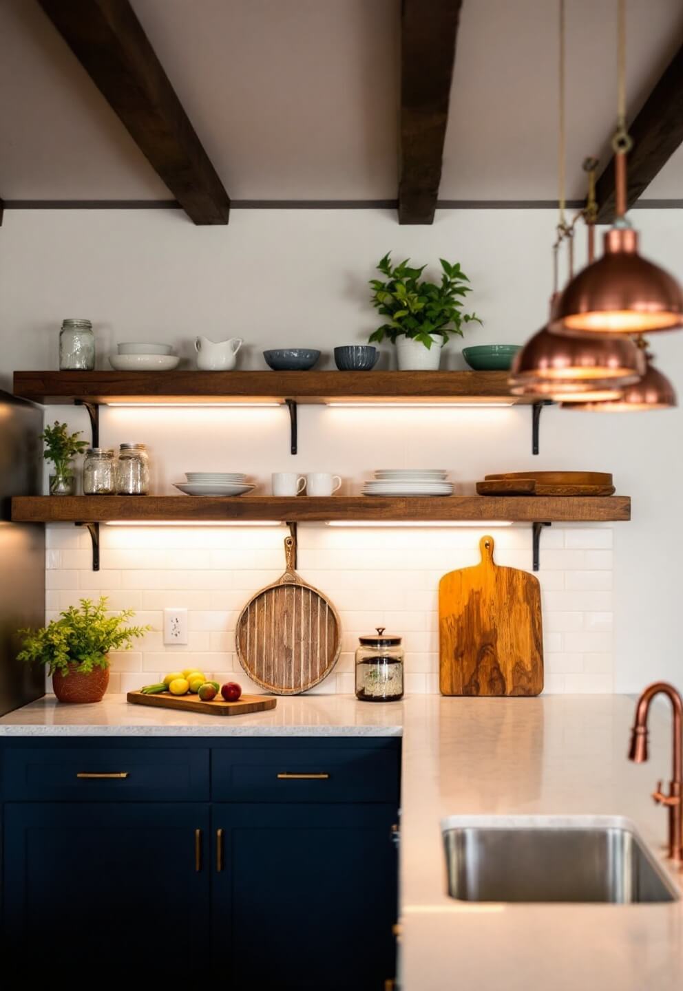 Intimate kitchen scene with warm lighting, displaying navy blue cabinets, cream subway tile backsplash, a copper pot rack suspended from dark timber beams, and reclaimed wood shelves with vintage crockery.