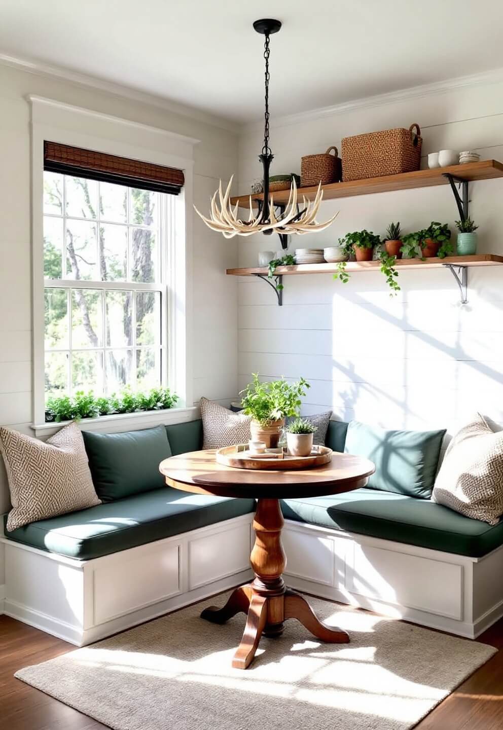 Cozy 8x8ft breakfast nook with built-in banquette, forest green cushions, round table, antler chandelier and open shelving with woven baskets, bathed in morning sunlight filtering through herb-filled windowsill