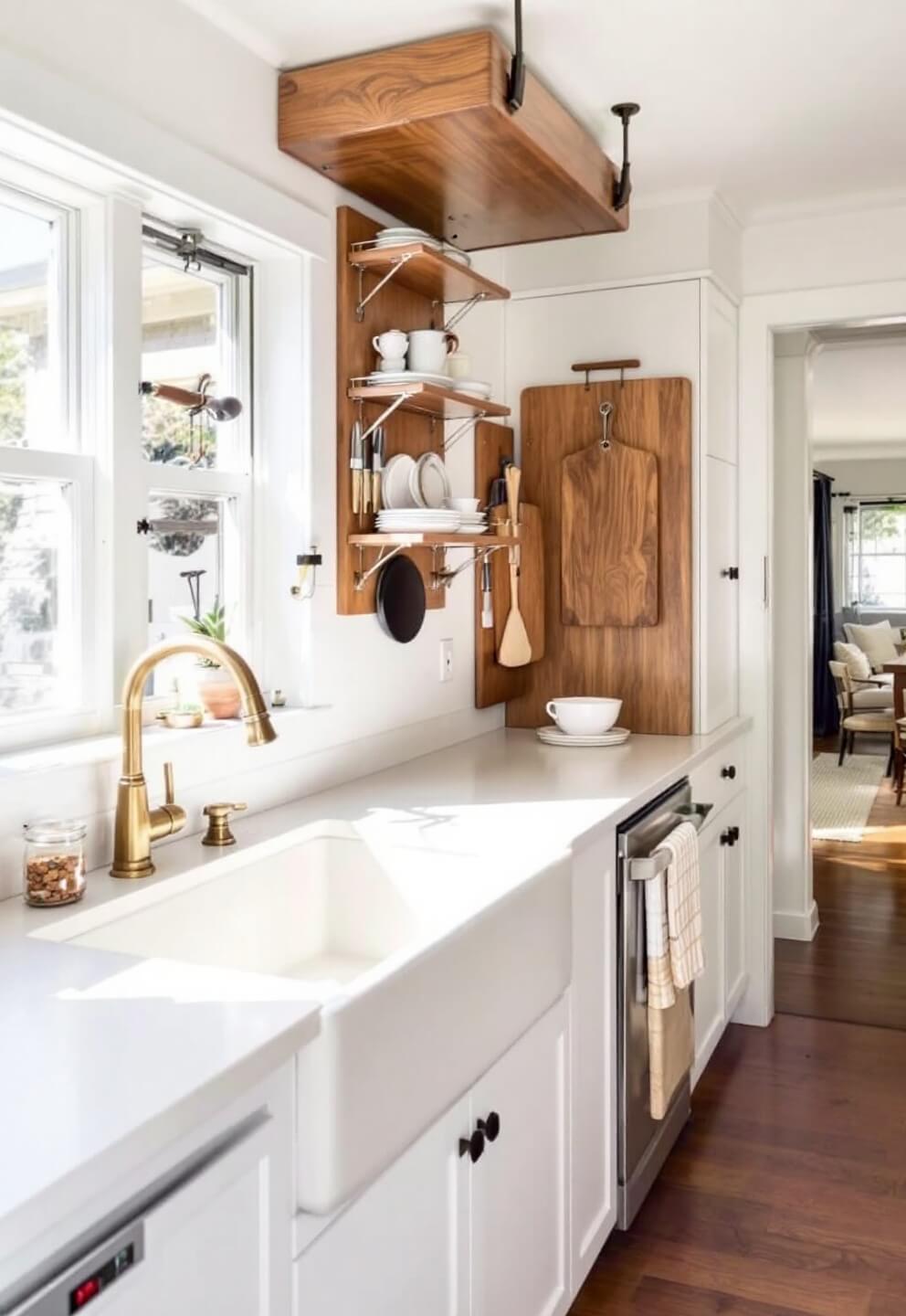 Compact galley kitchen with fold-down walnut breakfast bar, vertical storage, magnetic knife strip, ceiling-mounted shelving, deep farmhouse sink with brass gooseneck faucet, pull-out cutting boards, and vintage-style range in afternoon light