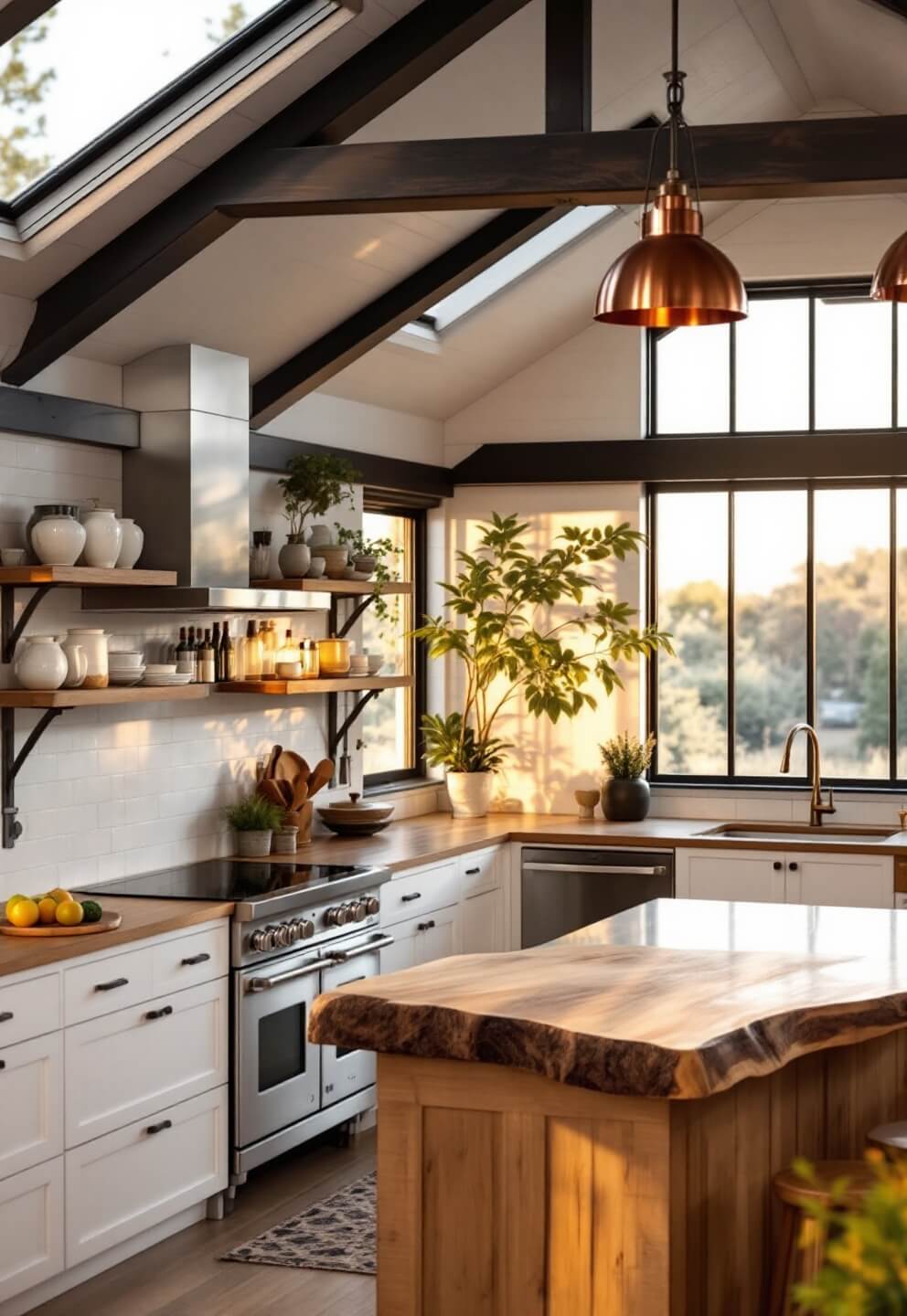 Rustic modern kitchen with black steel-framed windows, white oak cabinets, soapstone counters, and copper pendant lights, featuring locally-crafted pottery on open shelves and a center island with a live-edge wood slab, captured from a 45-degree angle during golden hour.