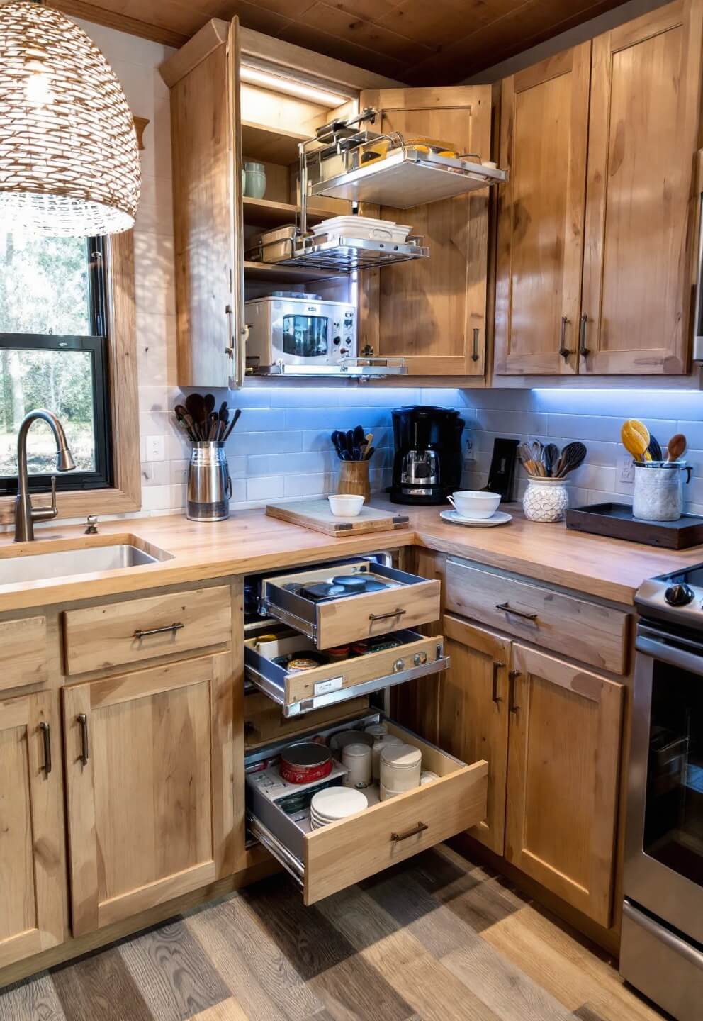 Compact cabin kitchen corner featuring clever storage solutions, pull-out pantry organizers, stainless appliances, LED strip lighting on raw pine cabinets, a woven pendant lamp over a butcher block counter, and a close-up view of the hardware and natural wood grain.