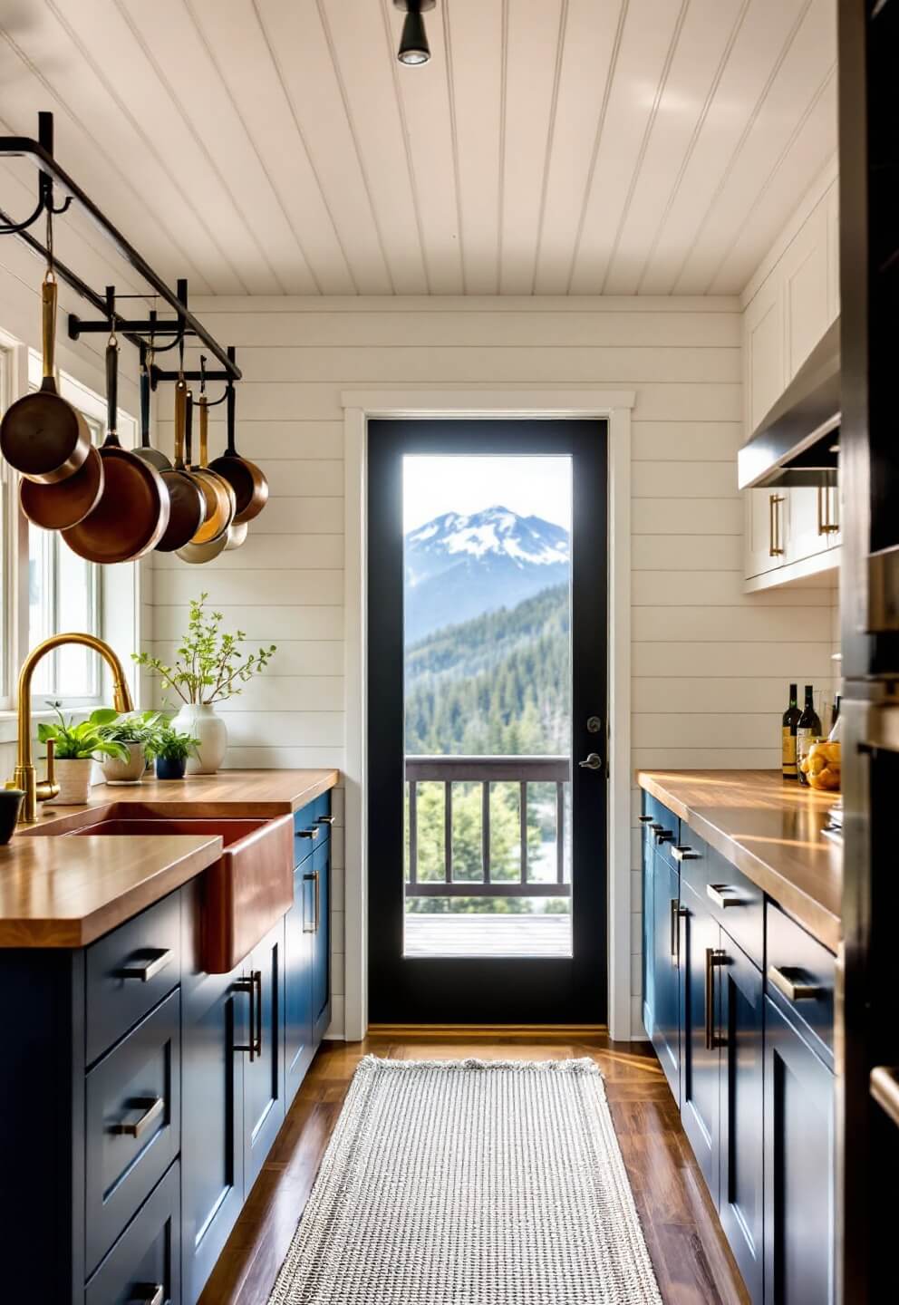 Interior shot of mountain cabin kitchen with navy cabinets, a copper sink, and panoramic windows providing a breathtaking mountain view at dawn