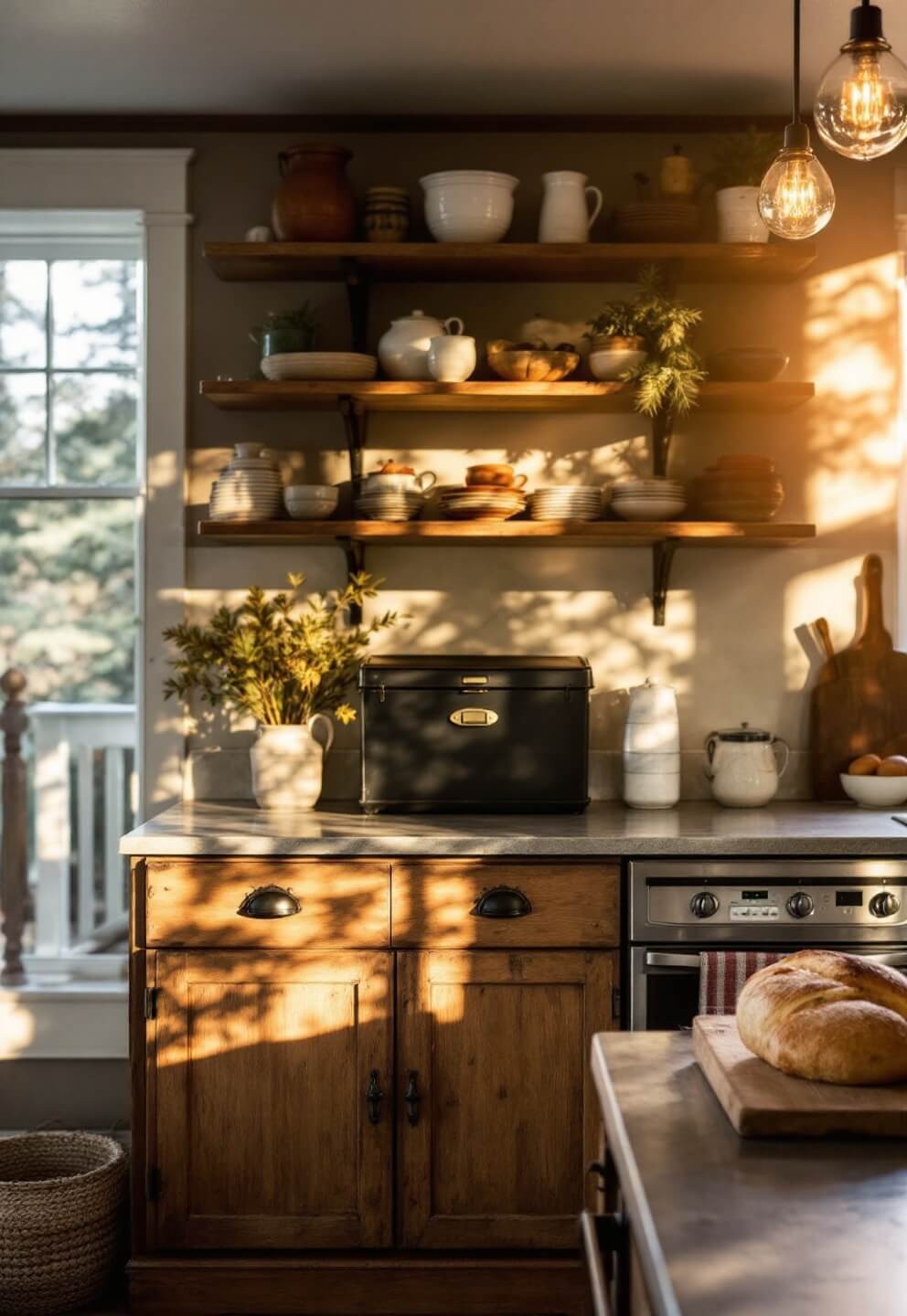 Late afternoon in a 15x18ft kitchen bathed in golden light filtering through pine branches, with antique pie safe used for pantry storage, local pottery displayed on open shelves, and fresh-baked bread cooling on a soapstone counter depicting a cozy and warm lifestyle.