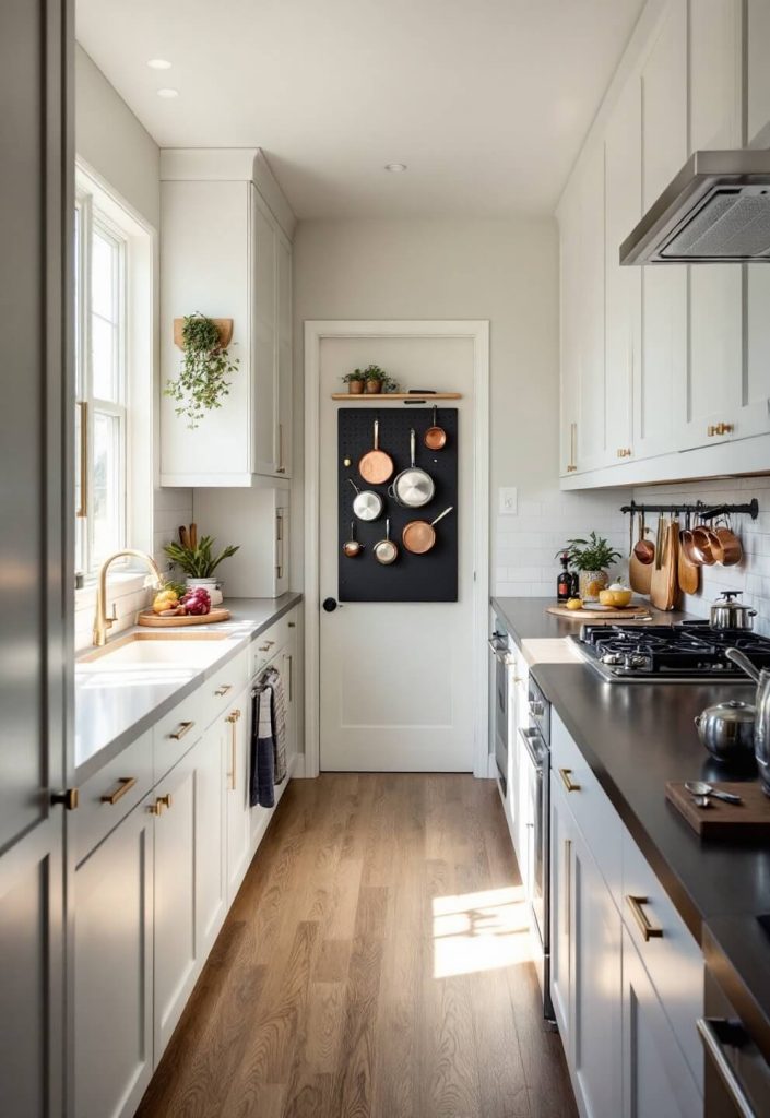 "Morning sunlight illuminating a compact galley kitchen featuring high white shaker cabinets, a magnetic knife strip, and a pegboard with an array of copper and stainless steel pots."