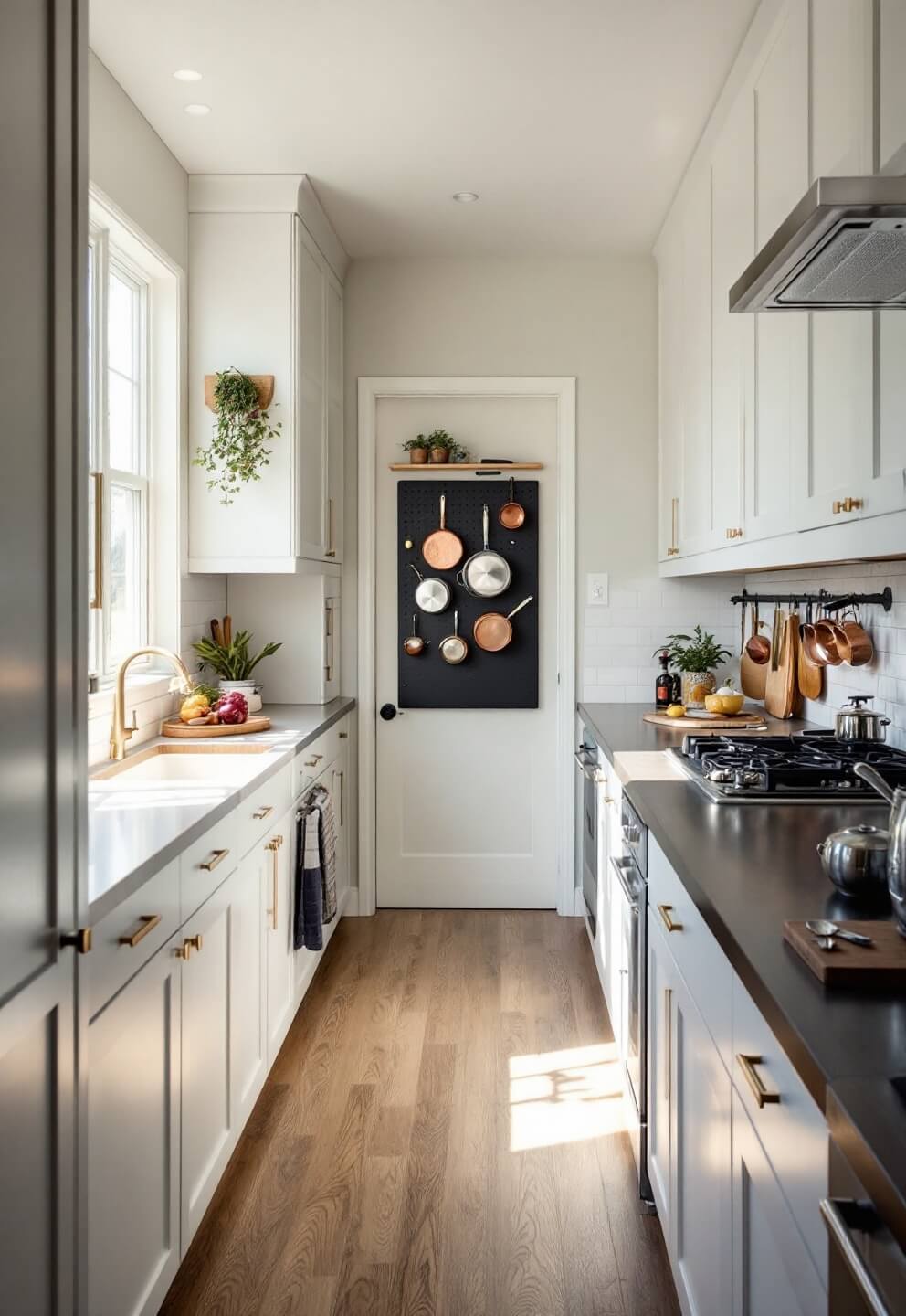 Morning sunlight illuminating a compact galley kitchen featuring high white shaker cabinets, a magnetic knife strip, and a pegboard with an array of copper and stainless steel pots.