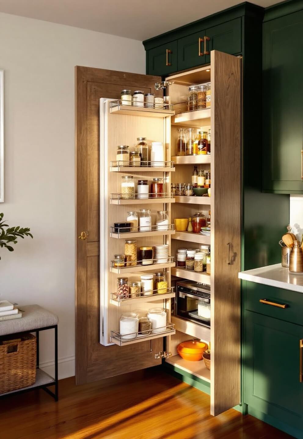 Overhead view of a cozy 6'x8' kitchen nook bathed in warm, golden hour light, showcasing a custom pull-out pantry system in weathered oak. The image accents the well-organized spice jars and dry goods in glass containers, held within deep forest green cabinets with brass hardware, creating a jewel-box effect.