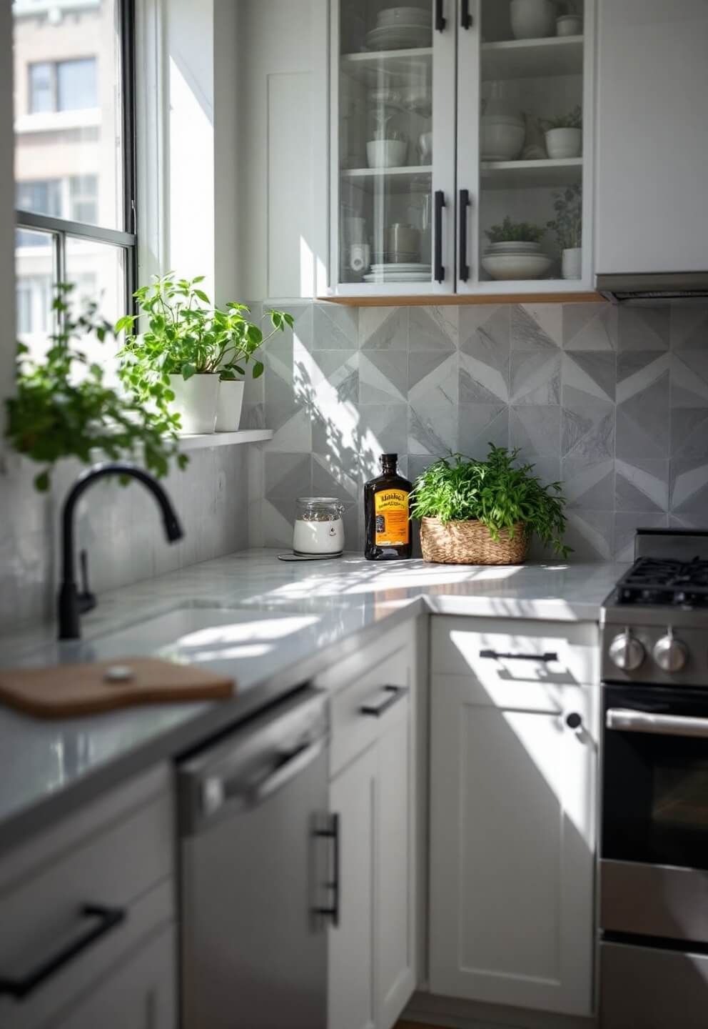 Minimalist urban kitchen with DIY marble countertops, geometric grey backsplash, and window-grown herbs against white cabinets in afternoon light