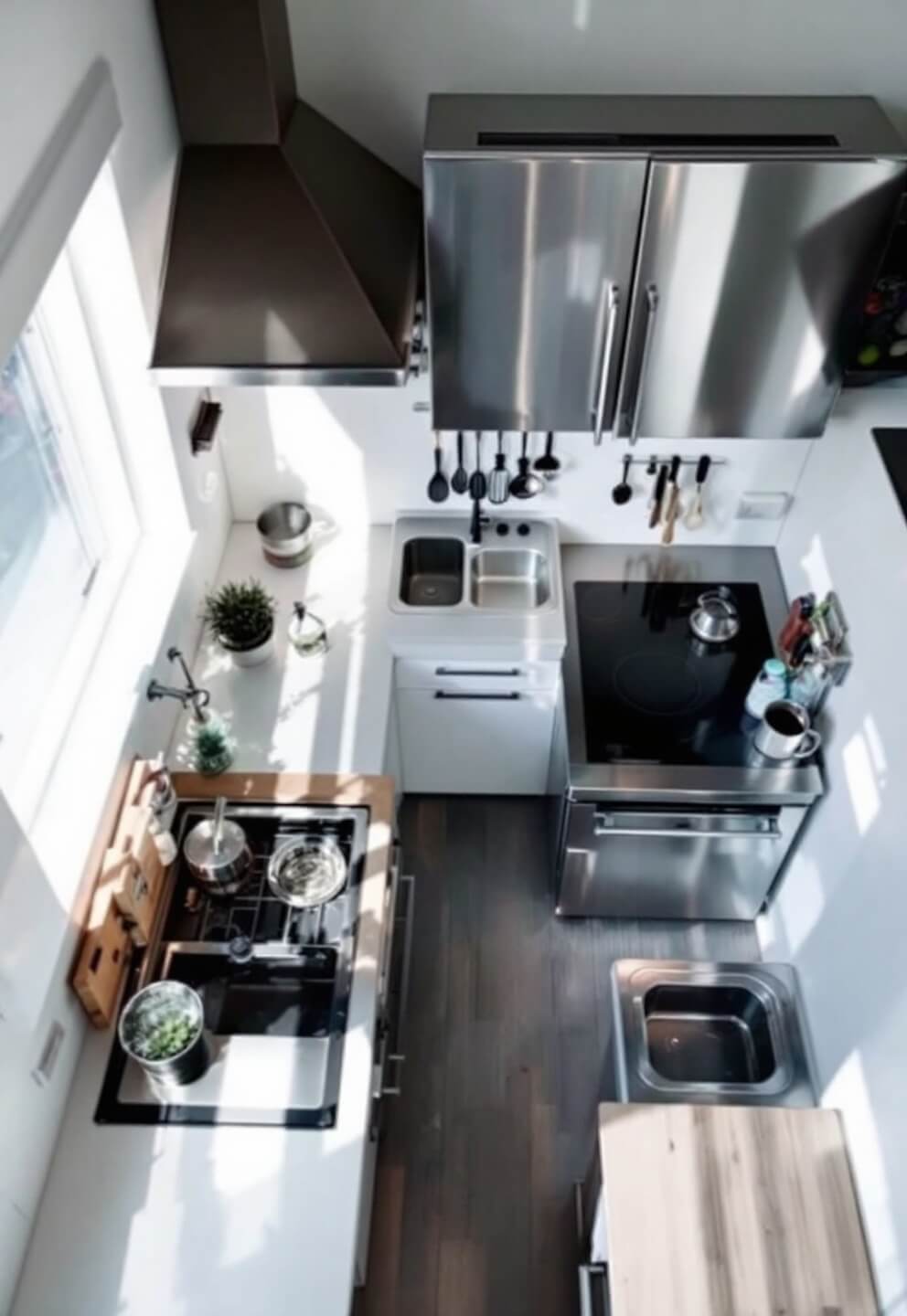 Overhead view of a modern, compact kitchen with stainless steel prep area, induction cooktop, and cleaning station in a triangular workflow, lit by natural light and additional task lighting.