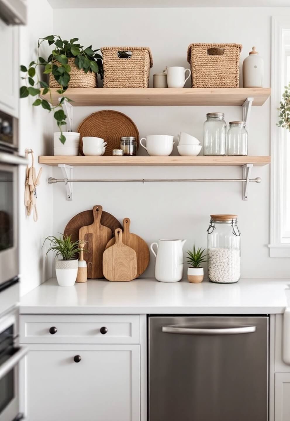 Scandinavian-style tiny kitchen with floating shelves displaying white ceramics and glass jars, pale wood accents and woven baskets under the early morning light captured at eye level with a tilt-shift lens.