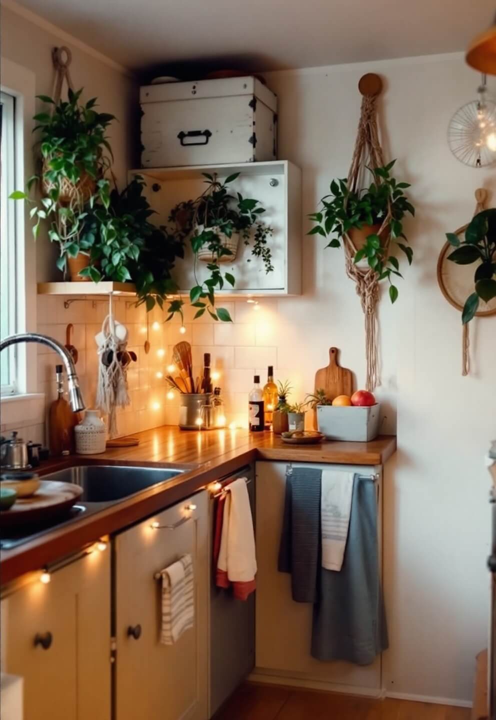 Eclectic small bohemian kitchen at twilight featuring repurposed vintage bread box, macramé plant hangers, and tea towel cabinet skirts under warm puck lights, taken from a low-angle shot.