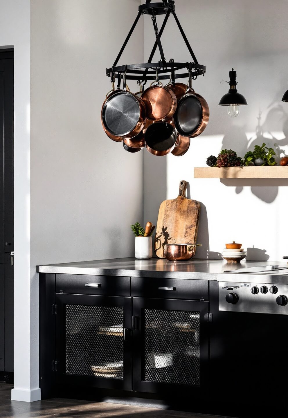 Industrial-style compact kitchen with ceiling-mounted pot rack, copper cookware, black matte cabinets with metal mesh inserts, shot in harsh midday light for dramatic effect.