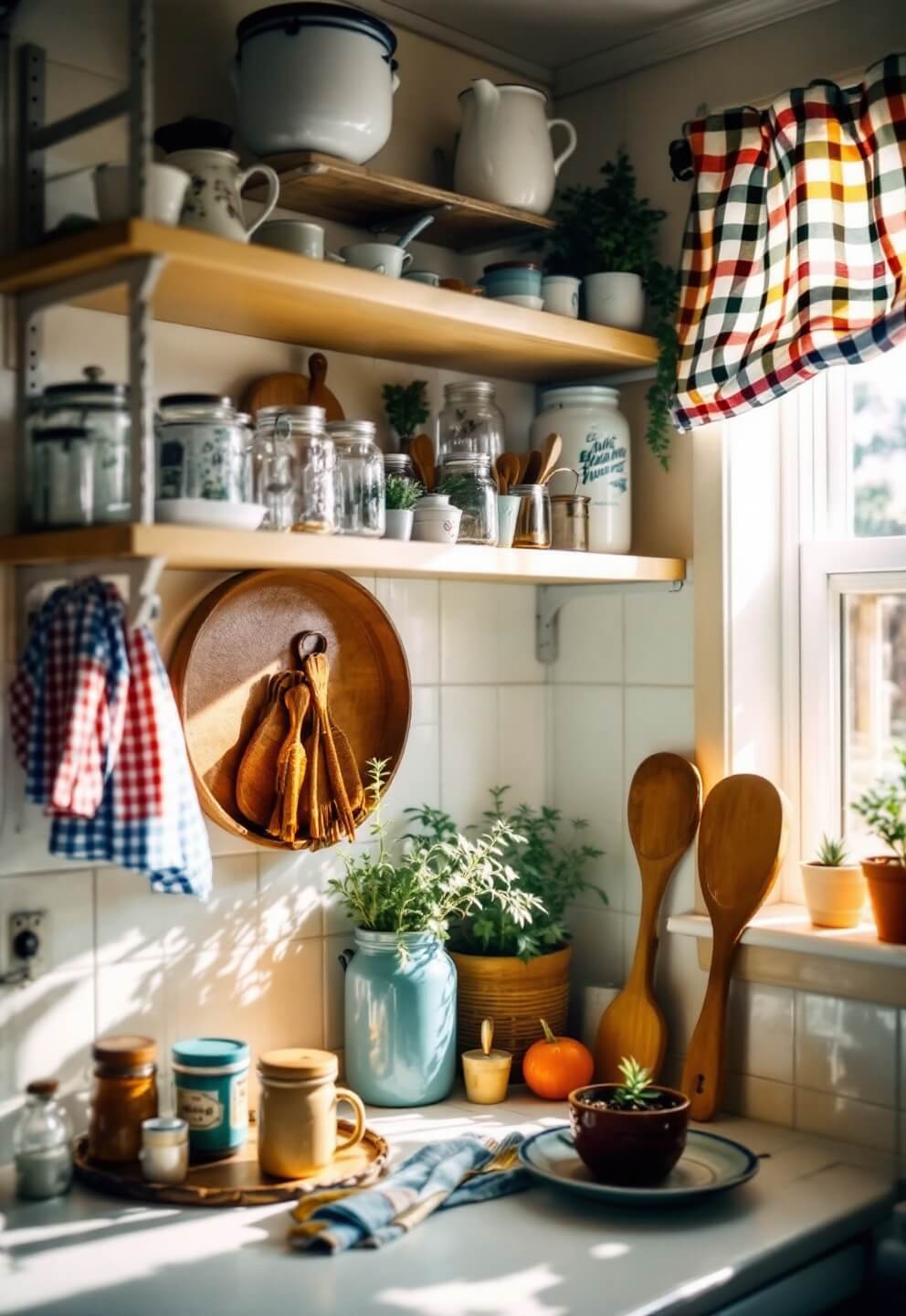 Tiny cottage-core kitchen with open shelving, vintage mason jars, enamelware, gingham curtains, and potted herbs on windowsill in soft morning light.