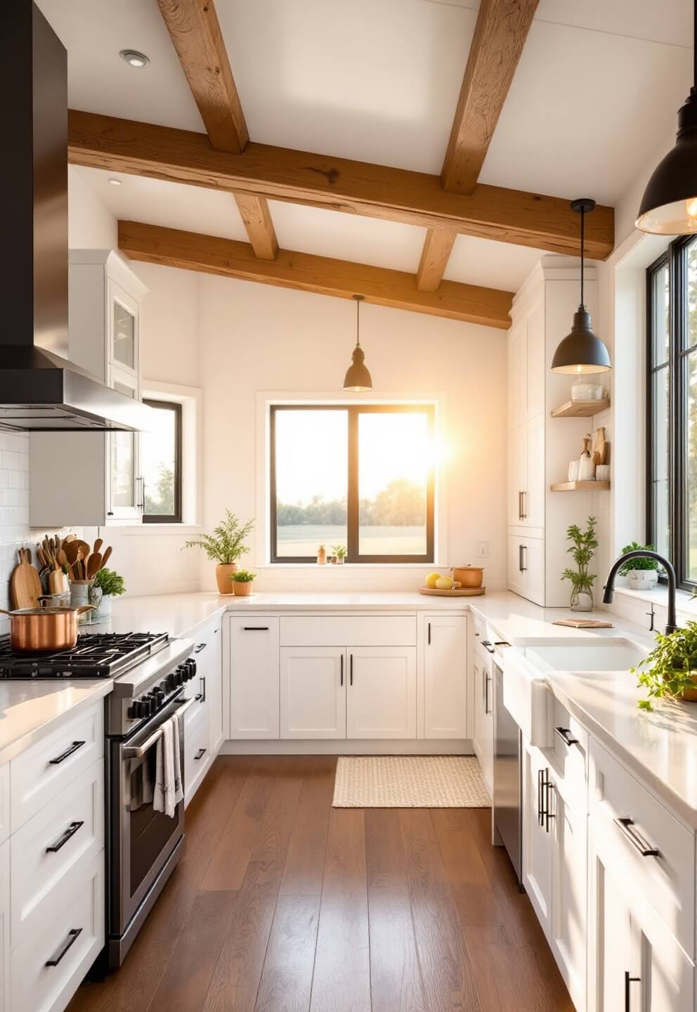 Sunlit open-concept barndominium kitchen with high wooden ceilings, L-shaped quartz countertops, white shaker cabinets, black hardware, and stainless steel appliances during golden hour