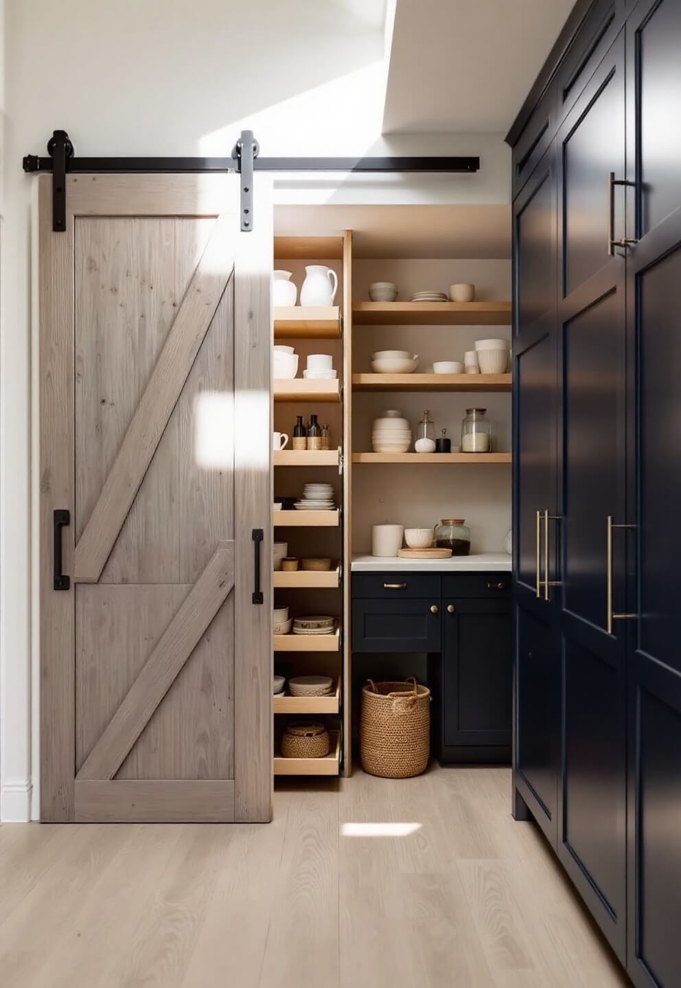 Morning light illuminating a barndo kitchen with custom pantry, white oak shelves, navy cabinets with brass handles, and organized storage solutions featuring pull-out racks and artisanal pottery