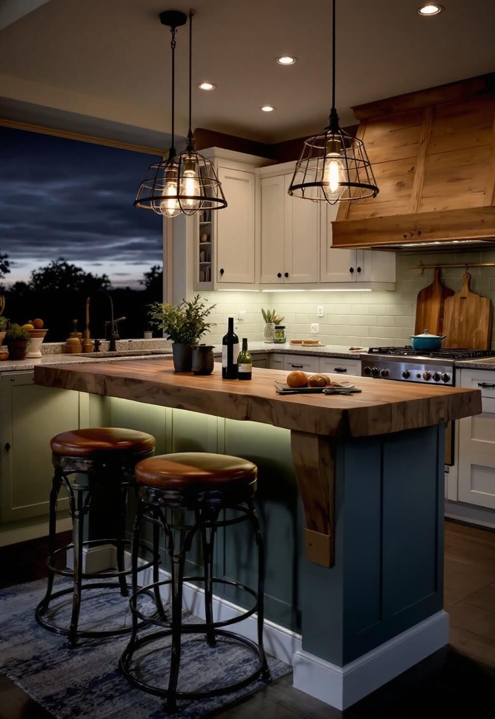 Dramatic dusk shot of barndominium kitchen with butcher block island, industrial bar stools, two-tone cabinets, under-cabinet lighting, and vintage décor.