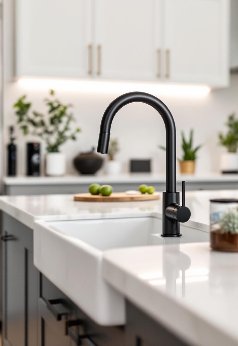 Modern tech hub with smart faucet, farmhouse sink, integrated charging station in quartz island, under-cabinet LED lighting, voice-controlled appliances, and clean minimalist design.