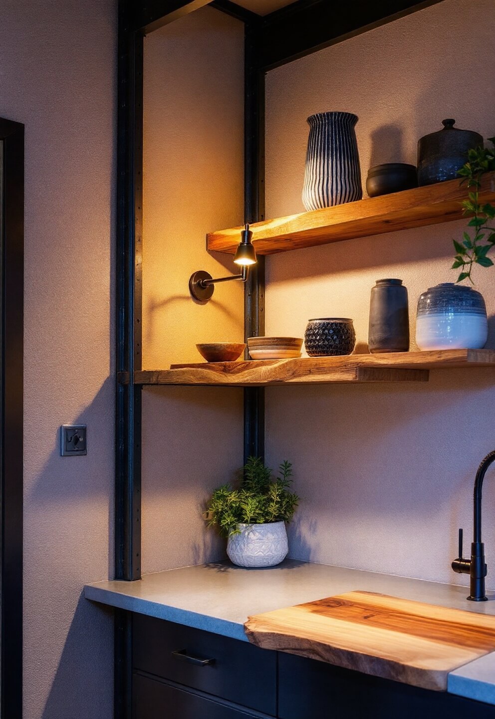 Rustic-modern interior showcasing steel beam, reclaimed wood shelving, industrial sconce, concrete countertop, live-edge breakfast bar, and contemporary ceramics during blue hour