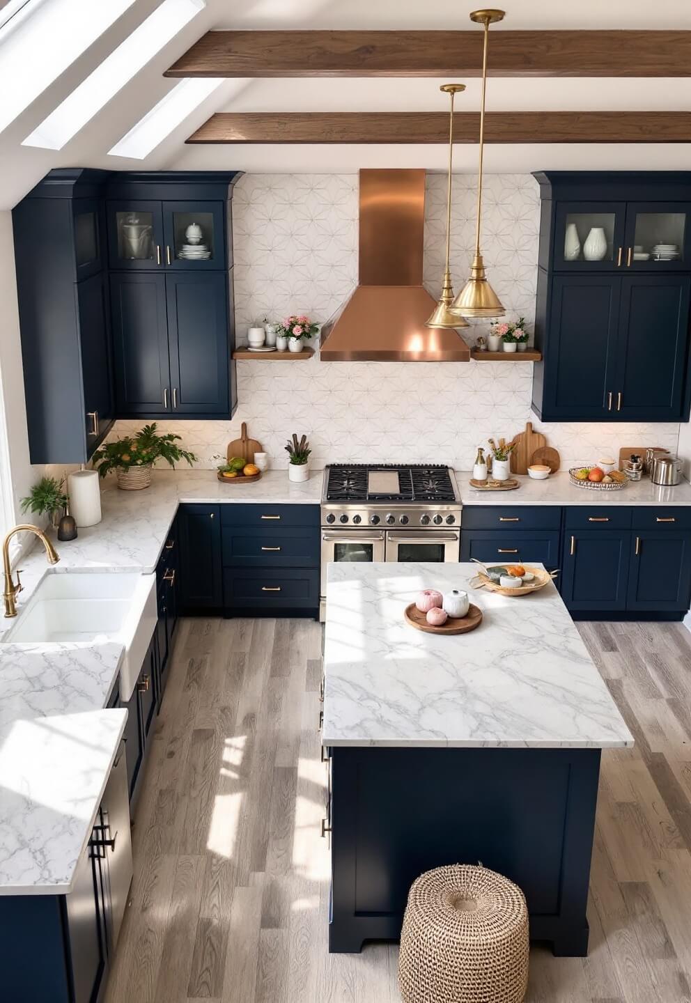 Overhead view of a spacious kitchen with navy island, brass fixtures, warm white geometric tile backsplash, professional range with copper hood, marble accessories, and fresh floral arrangements under natural light from clerestory windows.