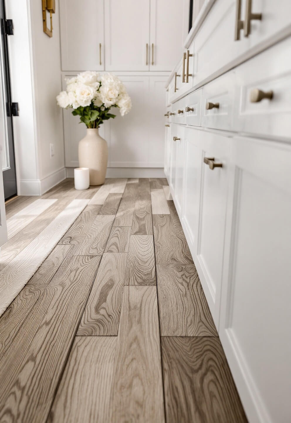 Luxury vinyl flooring in weathered oak pattern against white cabinets, laminate countertops mimicking Carrara marble, and mixed metal hardware in morning light