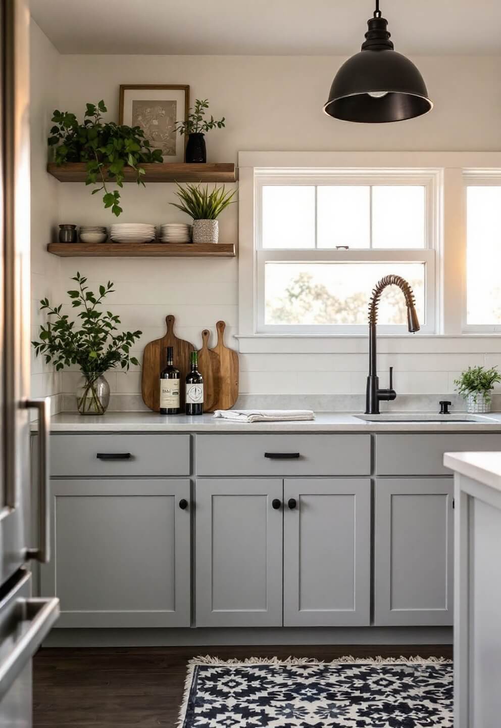 Entry-level barndo kitchen with dove grey stock cabinets, concrete grey quartz countertops, industrial-style pendant lights, and a mix of high-low elements, captured at golden hour with strategic lighting design.