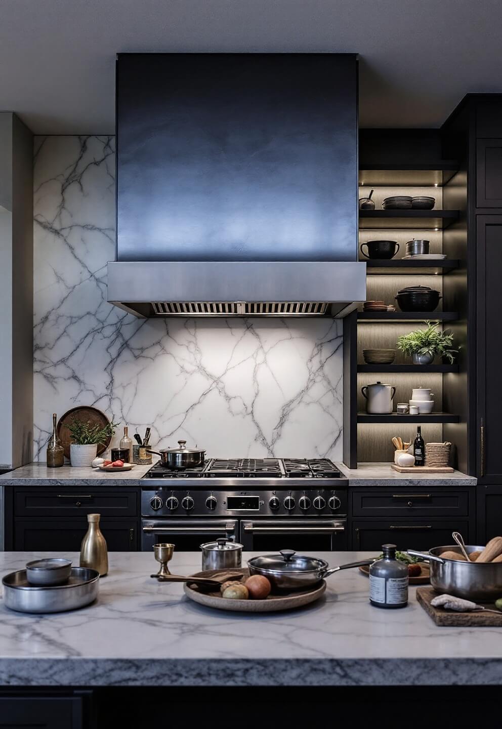 Luxury barndo kitchen with professional range, custom zinc hood, floor-to-ceiling charcoal grey storage wall, library ladder, and bookmatched marble backsplash lit dramatically, styled with high-end cookware and gourmet ingredients at dusk.