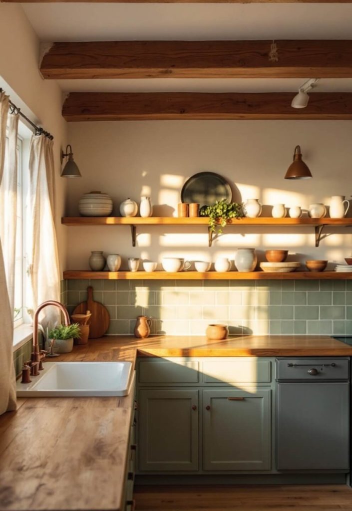 "Kitchen with exposed wooden beams, reclaimed oak countertops, sage green ceramic tiles, wabi-sabi pottery on open shelves, and natural lighting highlighting the patina on copper fixtures."