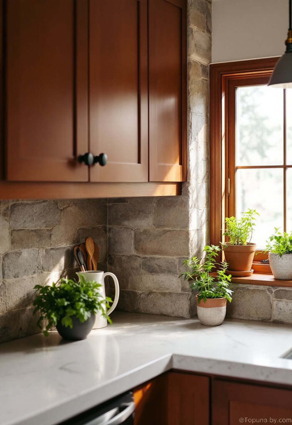 Early morning light illuminating a cozy 10x12ft kitchen alcove with a limestone backsplash, wooden cabinets with iron pulls, and potted herbs in ceramic planters on the windowsills