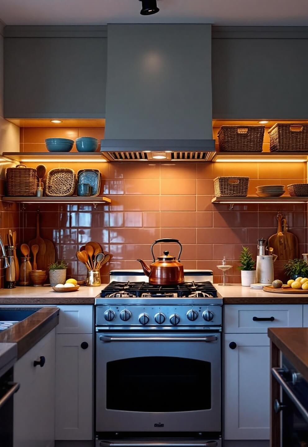 Dusk interior of a galley kitchen with under-cabinet LED lighting highlighting ceramic tile work, open shelving with wooden utensils and bamboo baskets, and a vintage copper kettle on a natural gas range, viewed from a low camera angle.