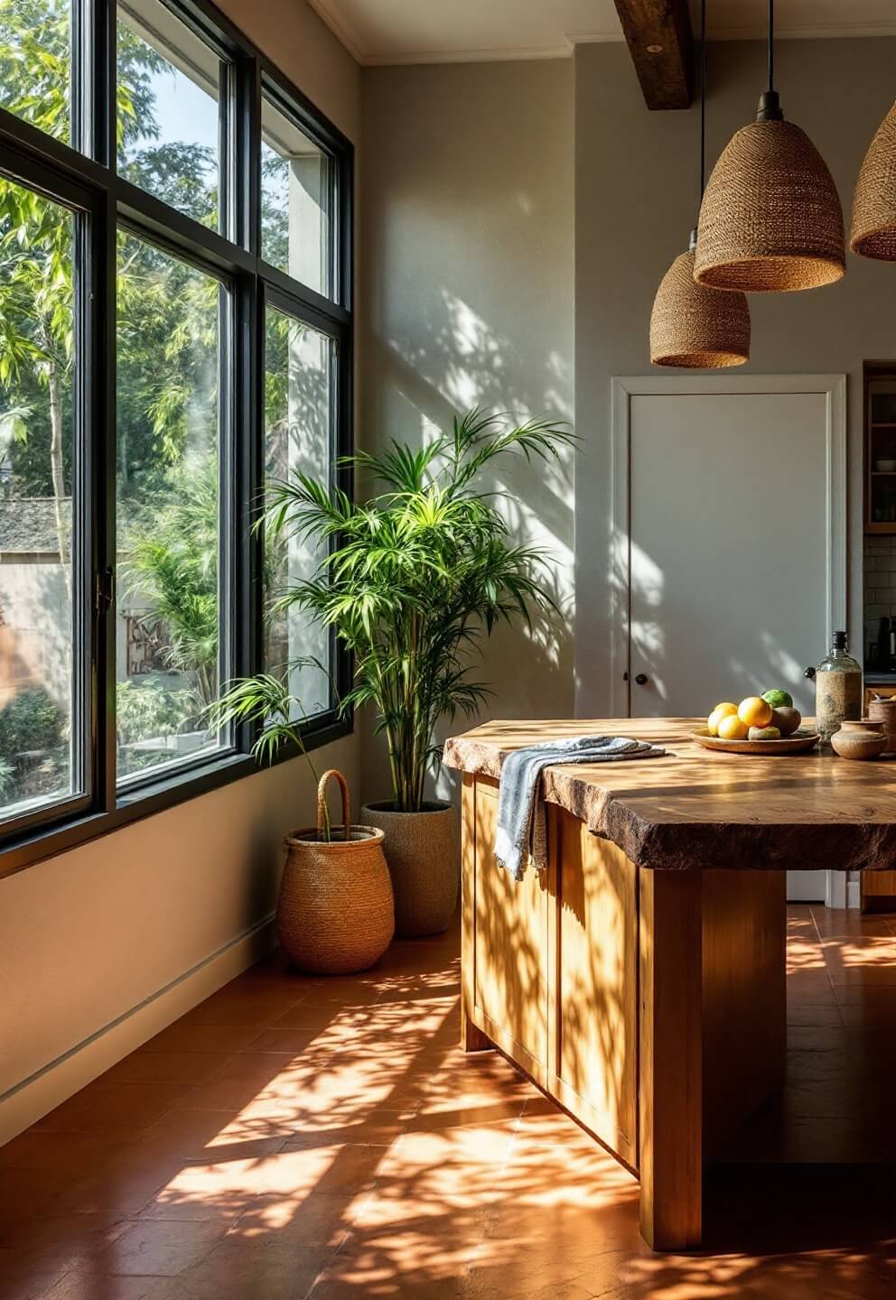 Sunlit 14x14ft kitchen with floor-to-ceiling windows, potted bamboo, terra cotta floor tiles, worn wooden island, and natural fiber pendant lights, shot from an elevated perspective.