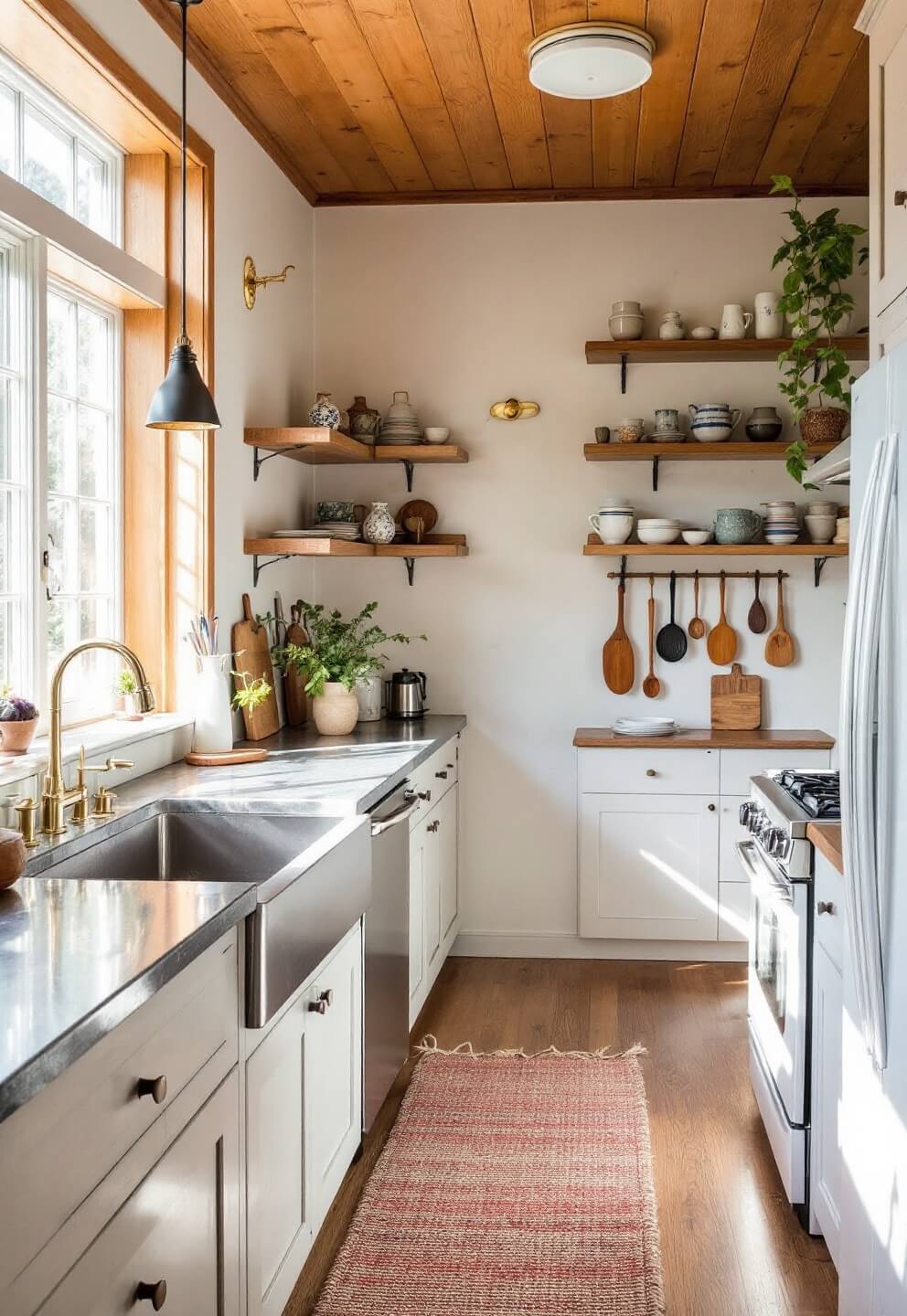 Morning light streaming into a rustic kitchen with distressed zinc countertops, wooden spoons, ceramics on open shelving, and a handwoven textile runner on weathered oak flooring.